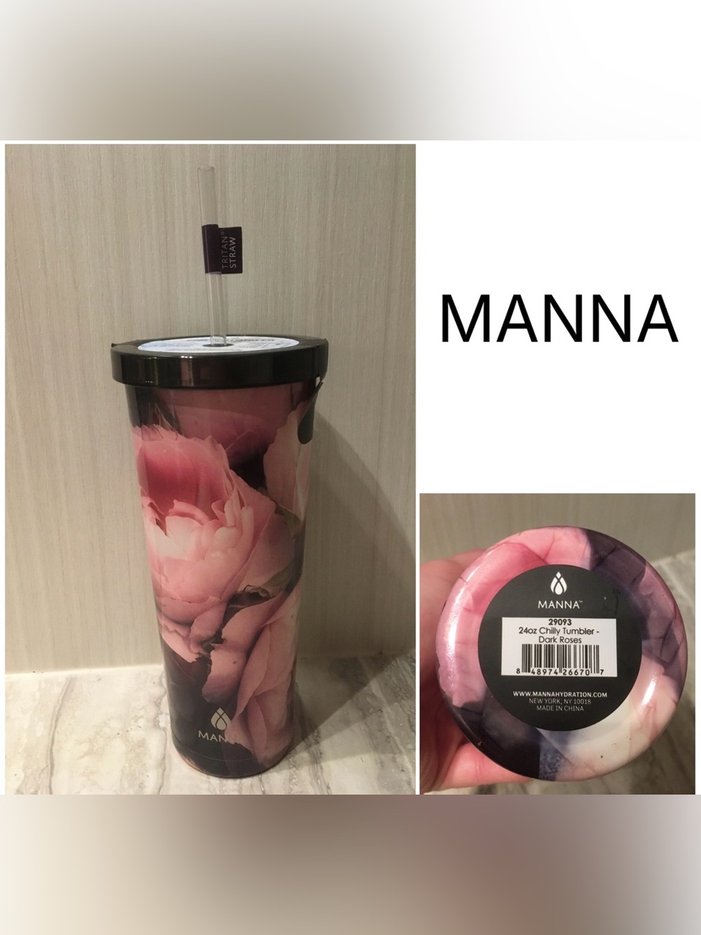 🆕MANNA - NWT - 24OZ FLORAL ROSES STAINLESS STEEL CHILLY TUMBLER / COLD HOT CUP